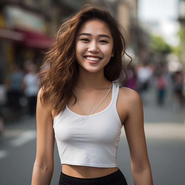 a woman wearing a white tank top with a white tank top on it