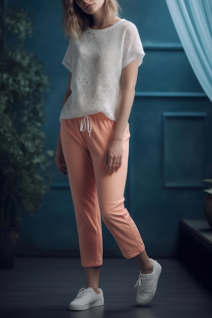A woman wearing a white top and pink pants stands on a white floor.