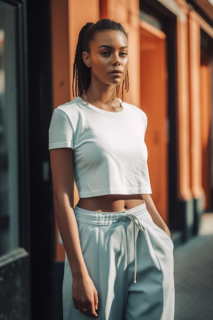 Photo a woman wearing a white top and a white top stands in front of a storefront.