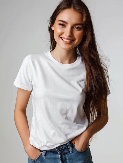 Photo woman wearing white tshirt mockup created with generative ai