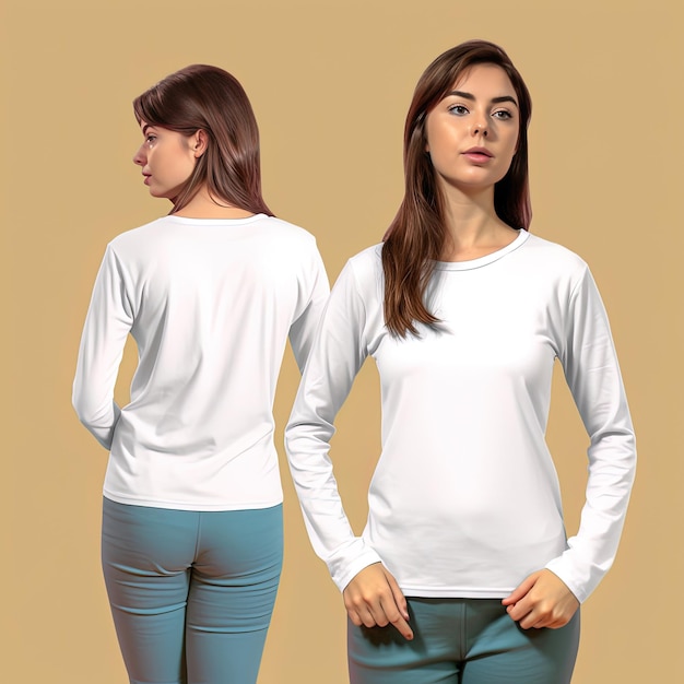 Woman wearing a white Tshirt with long sleeves Front and back view