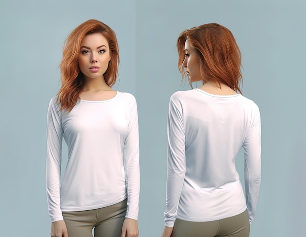 Photo woman wearing a white tshirt with long sleeves front and back view