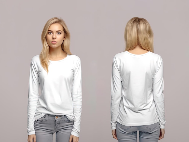 Photo woman wearing a white tshirt with long sleeves front and back view