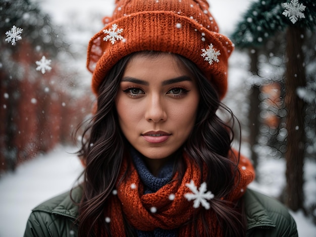 A woman wearing a winter hat and scarf holding a snowflake