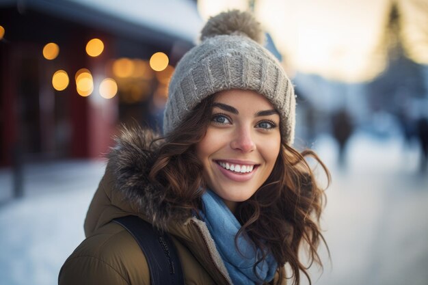 женщина в зимней шляпе и шарфе
