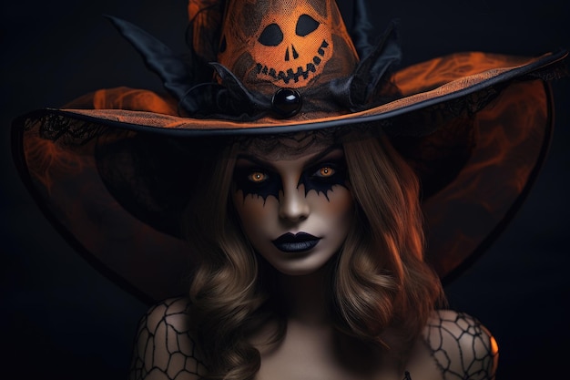 Женщина в шляпе ведьмы на вечеринке в честь Хэллоуина на красном фоне