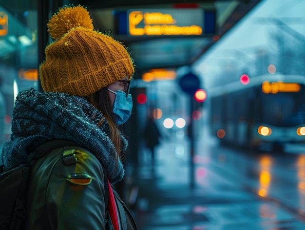 Photo a woman wearing a yellow beanie and a mask is waiting for the bus