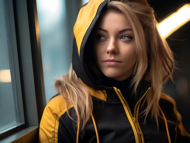 a woman wearing a yellow and black jacket