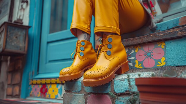 a woman wearing yellow boots stands on a wall with a yellow pair of boots