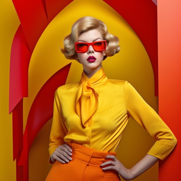 A woman wearing a yellow dress and red sunglasses is posing in front of a red banner