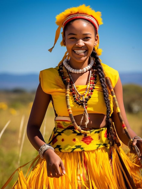 Photo a woman wearing a yellow dress with a yellow top and a blue sky in the background