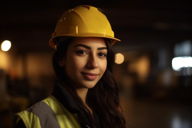 A woman wearing a yellow hard hat stands in a dark room.