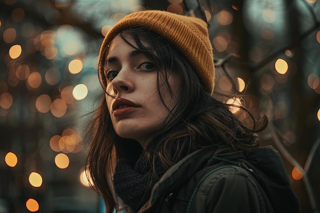 A woman wearing a yellow hat and a black jacket