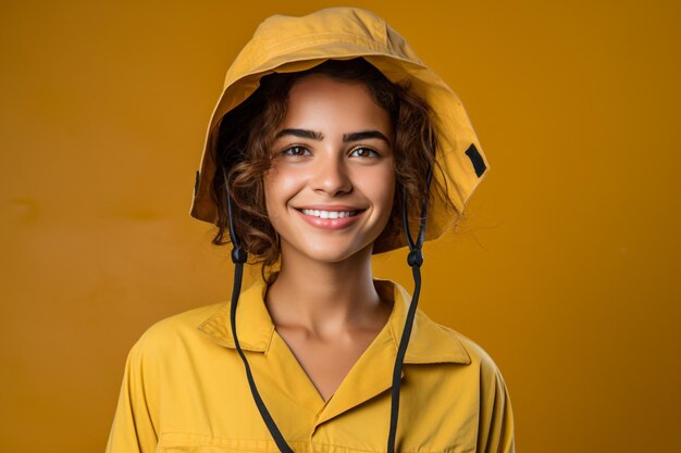 a woman wearing a yellow hat and a yellow shirt