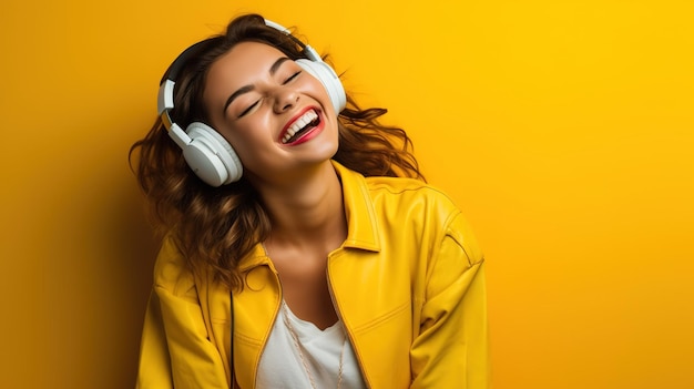 A woman wearing a yellow jacket is laughing and wearing headphones.