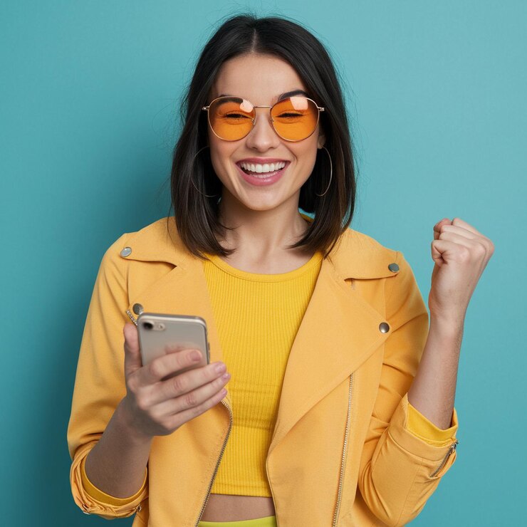 Photo a woman wearing a yellow jacket with orange sunglasses and a yellow jacket that says  she is holding a phone