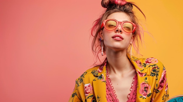 ピンクのとサングラスを着た黄色とピンクの服を着た女性