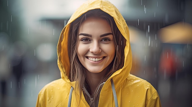 Foto una donna che indossa un impermeabile giallo