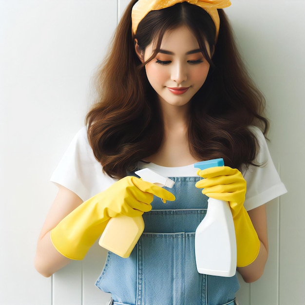 a woman wearing a yellow rubber glove and a white shirt with a yellow rubber glove on her right hand