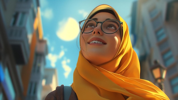 a woman wearing a yellow scarf with a blue sky in the background