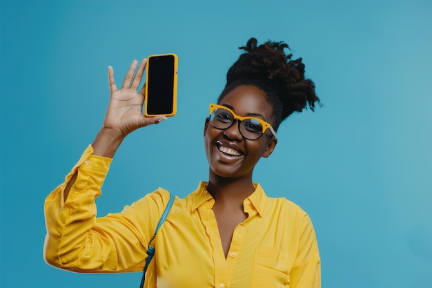 a woman wearing a yellow shirt is holding up a phone that says  she is holding up