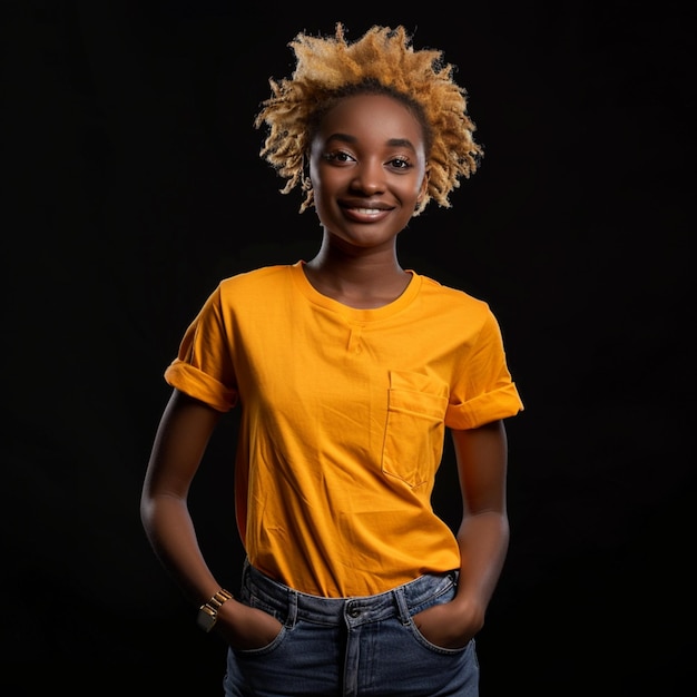 Photo a woman wearing a yellow shirt that says  she is wearing a yellow shirt