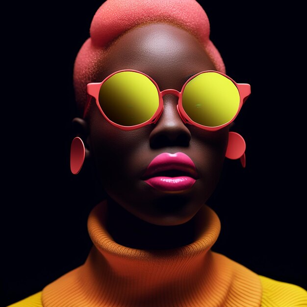 a woman wearing a yellow shirt with a pair of neon sunglasses.