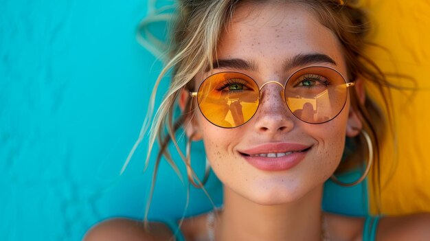 Photo woman wearing yellow sunglasses laying on blue surface generative ai