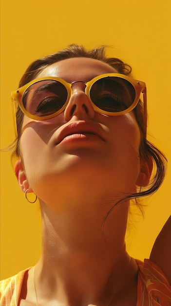 Женщина в желтых солнцезащитных очках смотрит в небо