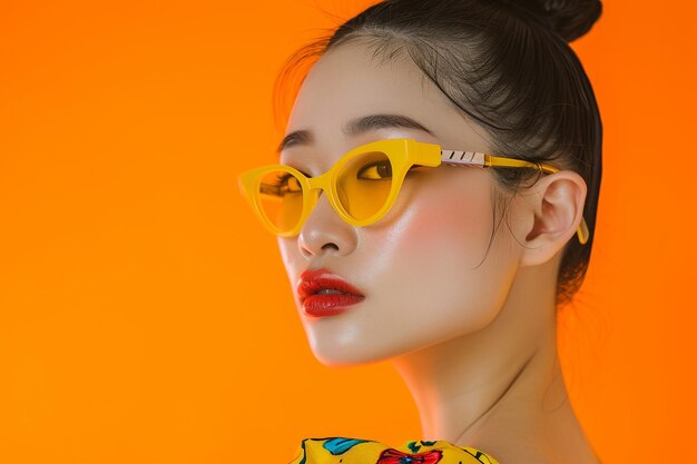 Woman wearing yellow sunglasses on yellow background