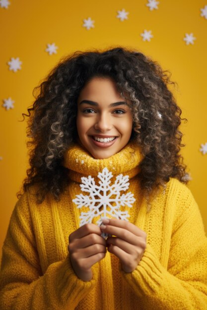 Photo a woman wearing a yellow sweater holding a delicate snowflake this image can be used to represent winter seasonal celebrations or the beauty of nature