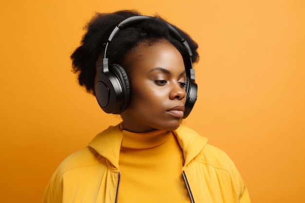 A woman wearing a yellow sweater and a pair of headphones.