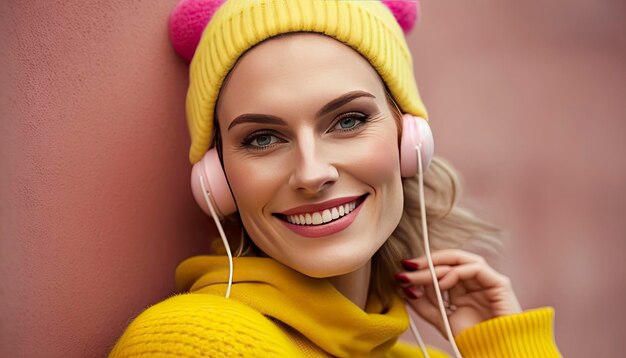 A woman wearing a yellow sweater and pink headphones smiles and smiles.