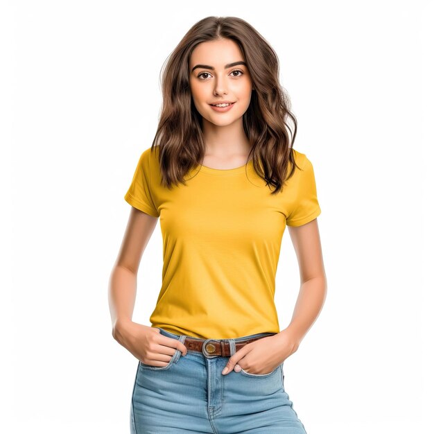 Photo a woman wearing a yellow t - shirt with the word love on it.