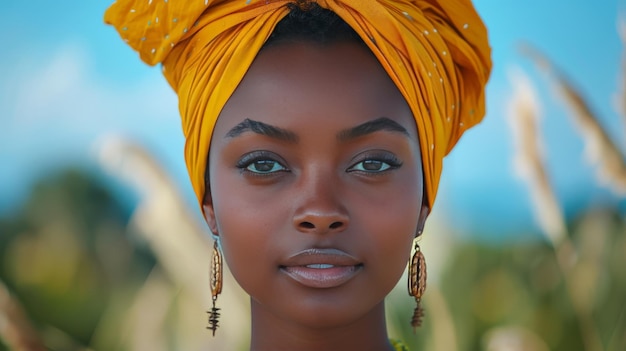 Woman Wearing Yellow Turban and Earrings