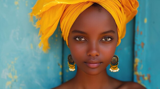 Woman Wearing Yellow Turban and Earrings