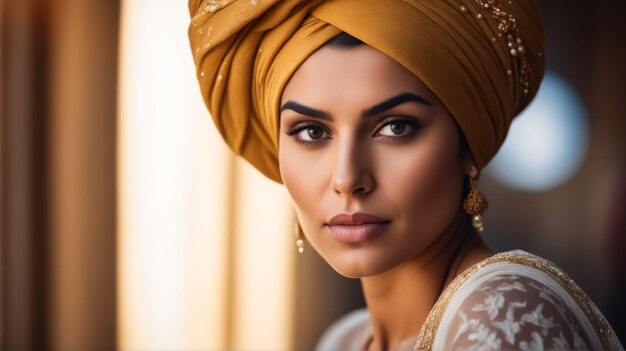 Photo a woman wearing a yellow turban and gold earrings