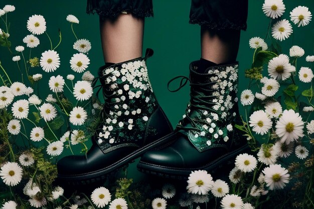 A woman wears black boots with white daisies on the bottom.