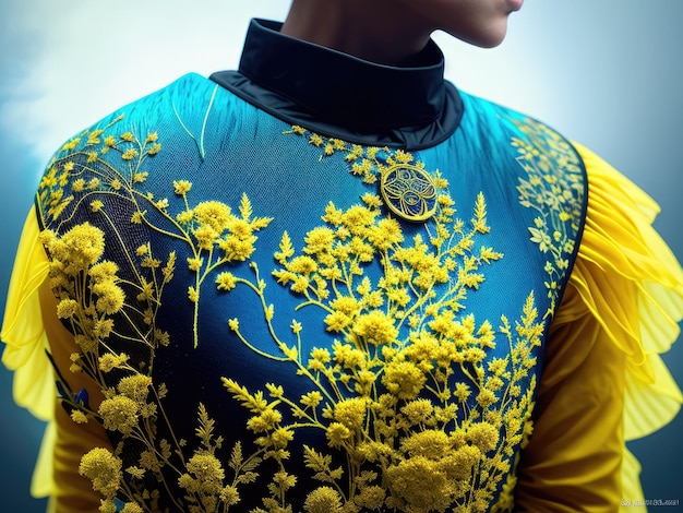 A woman wears a blue and yellow dress with a gold tag that says'embossed flowers'on it.