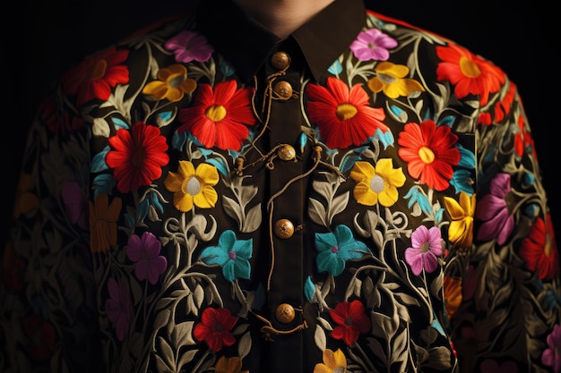 a woman wears a floral shirt with colorful flowers on the front.