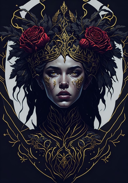 The woman wears a golden crown with red roses Generative AI