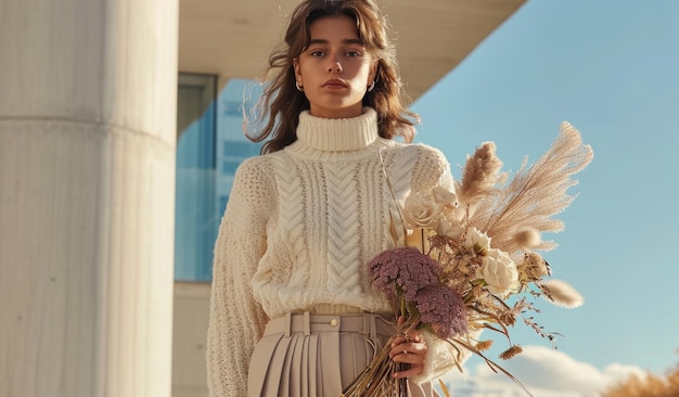 Photo a woman wears an ivory turtleneck sweater with pencil skirt