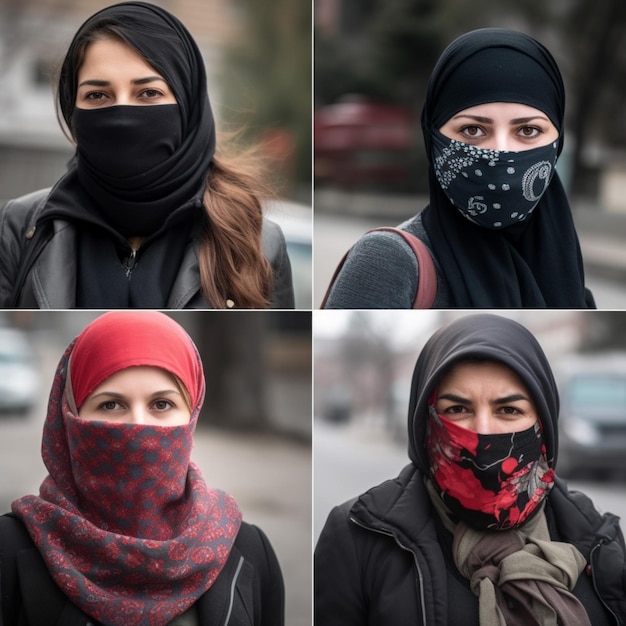 A woman wears a mask and wears a scarf with the word's on it.