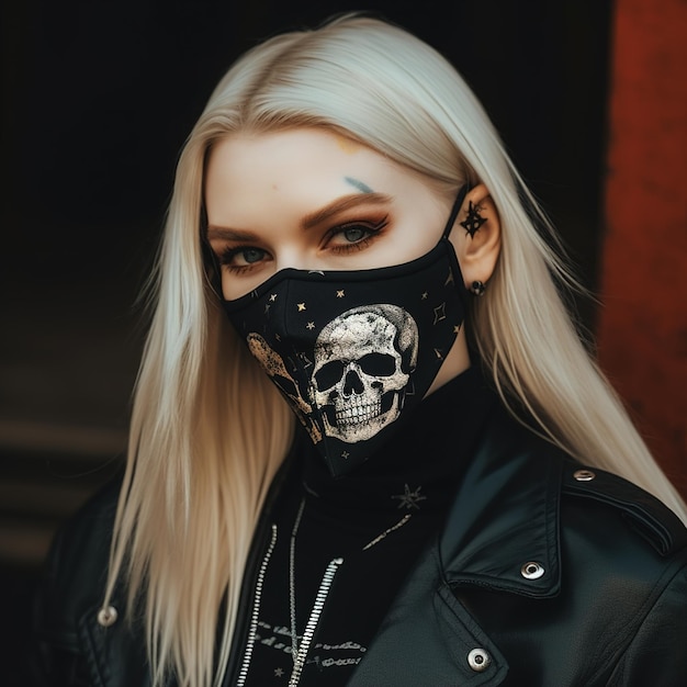 A woman wears a mask with a skull on it