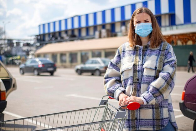 woman wears medical mask while leaning on shopping cart outside of grocery store