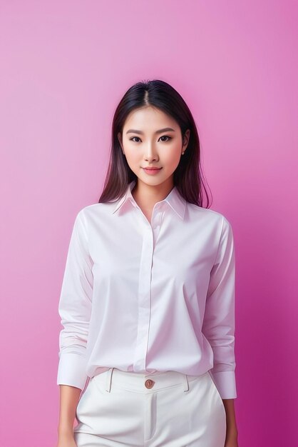 the woman wears a white shirt with a plain pink background