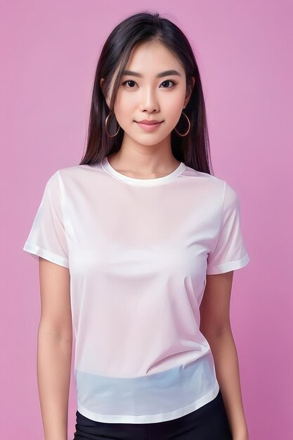 Photo the woman wears a white shirt with a plain pink background