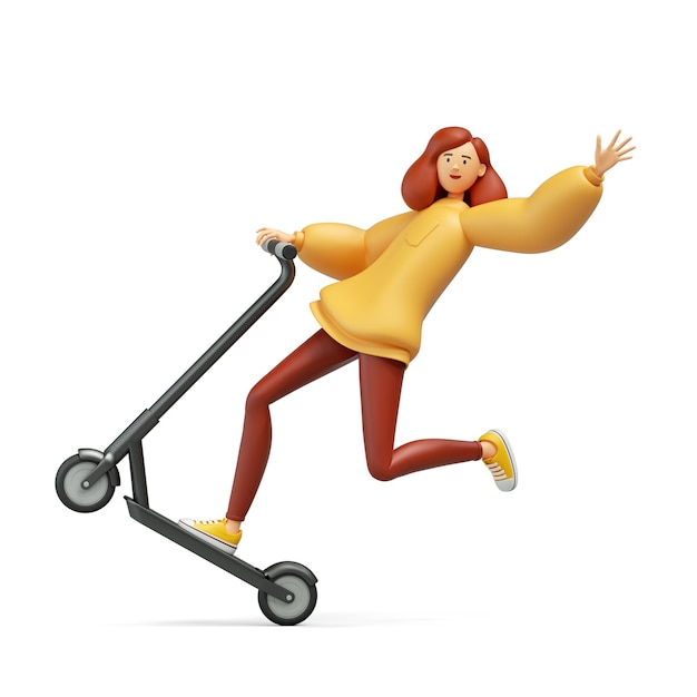 woman wears yellow hoodie and red trousers rides electric scooter makes extreme tricks