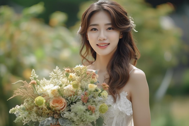 A woman in a wedding dress holds a bouquet of flowers.