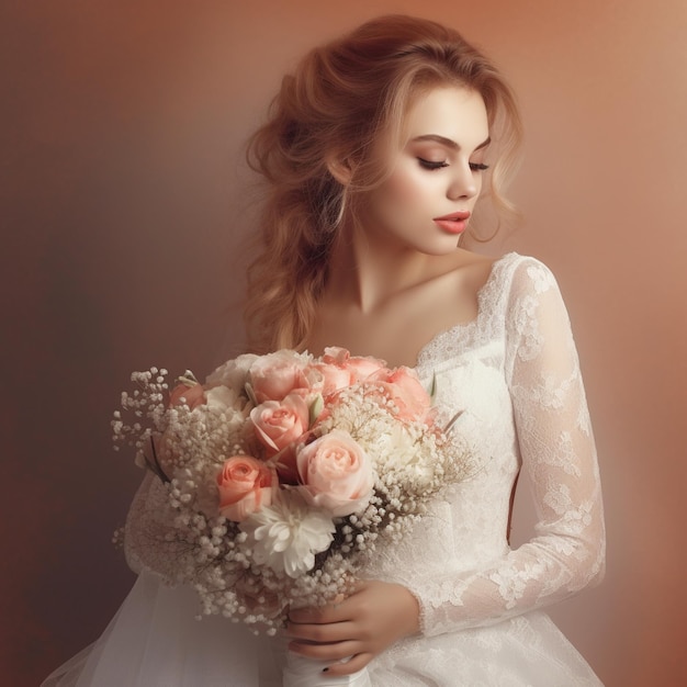 A woman in a wedding dress holds a bouquet of flowers.